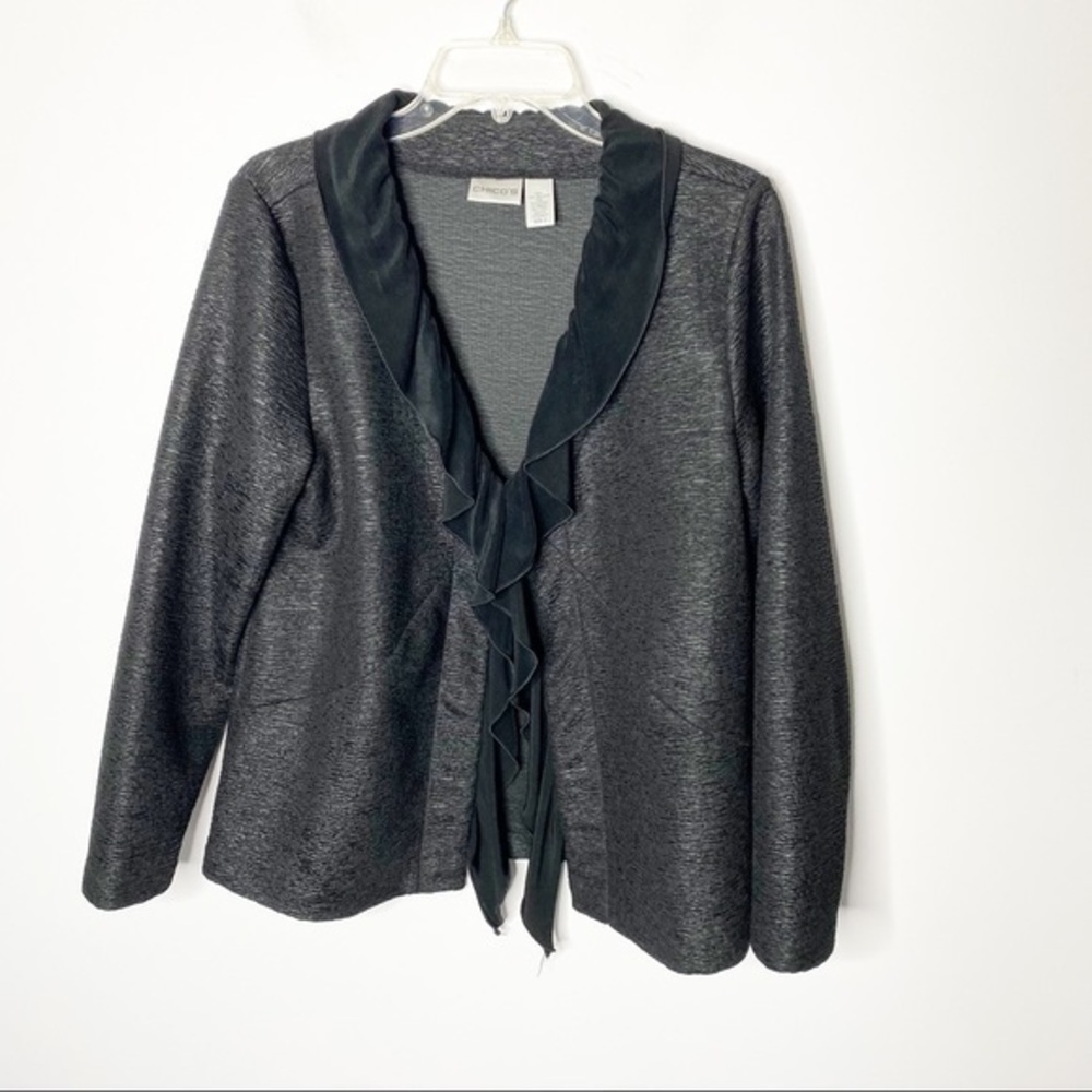 Chico’s Black Shimmer Ruffle Cardigan Chicos Sz 2 Size Medium 12